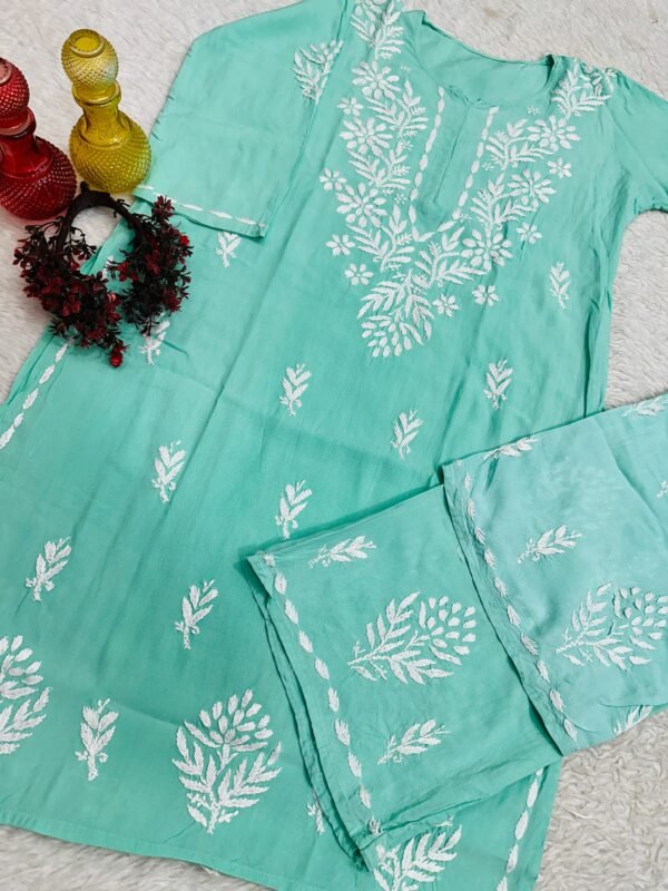 lucknawi chikankari heavy work reyon kurti - Image 23
